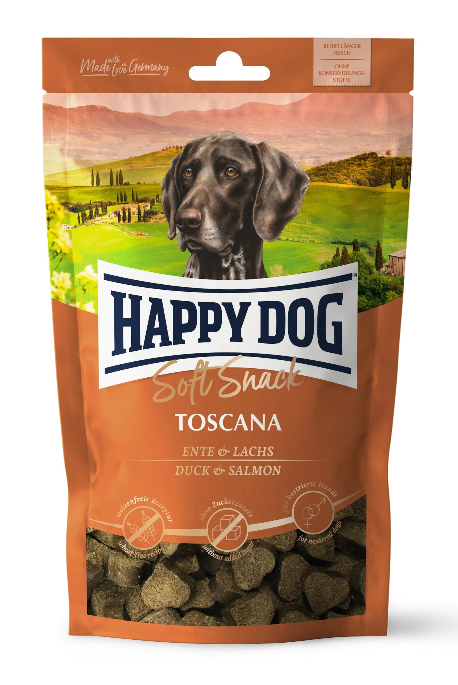 Happy Dog Soft Snack Toscana – Mediterraner Genuss mit köstlichem Huhn für wahre Feinschmecker!